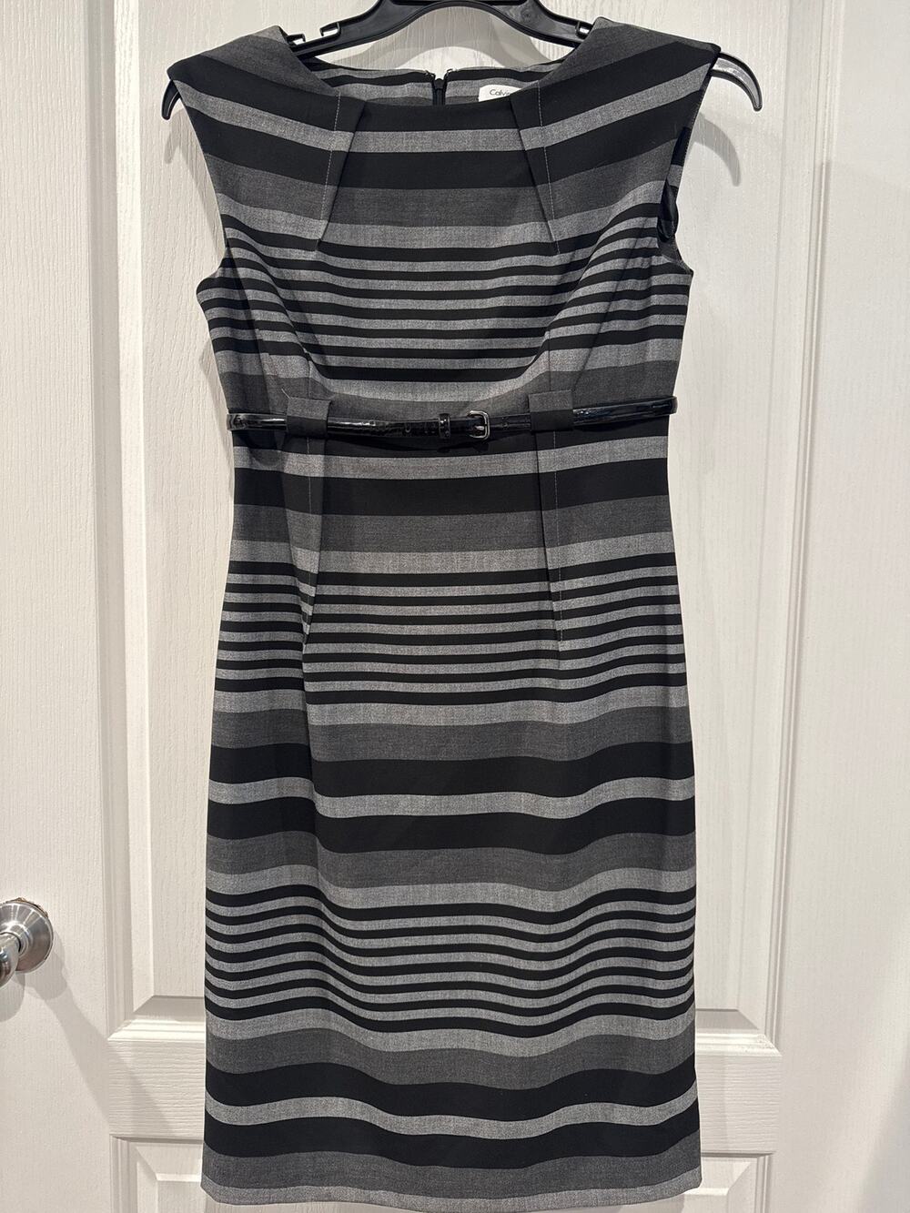 Calvin Klein Size 6 Black Gray Striped Sheath Dress Belted Career Dress